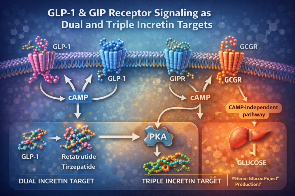 GLP-1 receptor signaling diagram showing GIP and glucagon receptor pathways