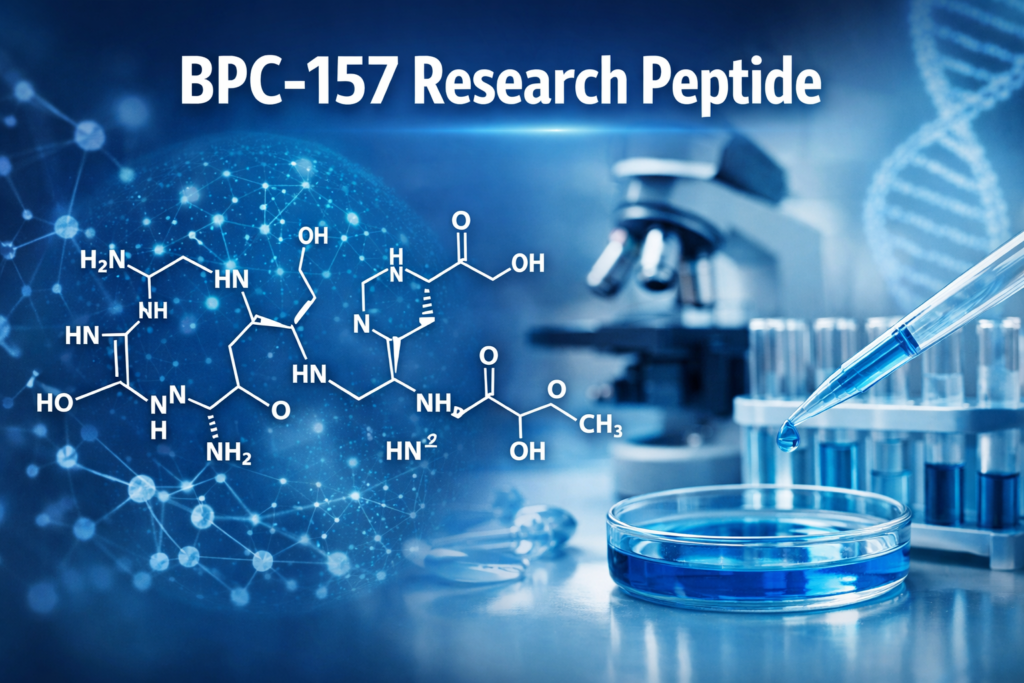 BPC-157 research peptide molecular structure and laboratory research illustration